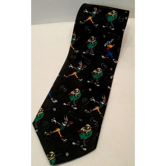 VTG LOONEY TUNES NECK TIE SPORTS BLACK BUGS BUNNY DAFFY TAZMANIAN DEVIL GOLF - Picture 3 of 3